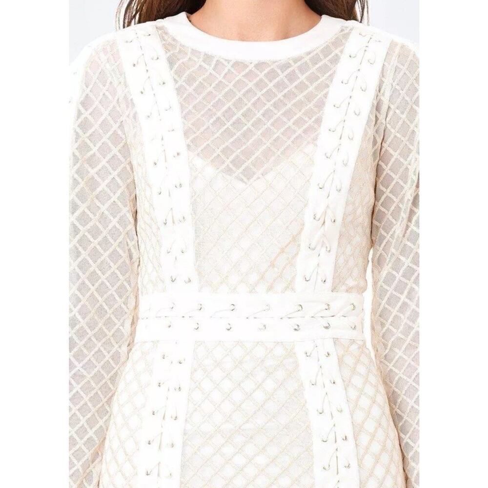 BEBE IVORY METALLIC EMBROIDERED MESH LACE UP DRESS KNEE LENGTH sz 8 - Picture 5 of 16
